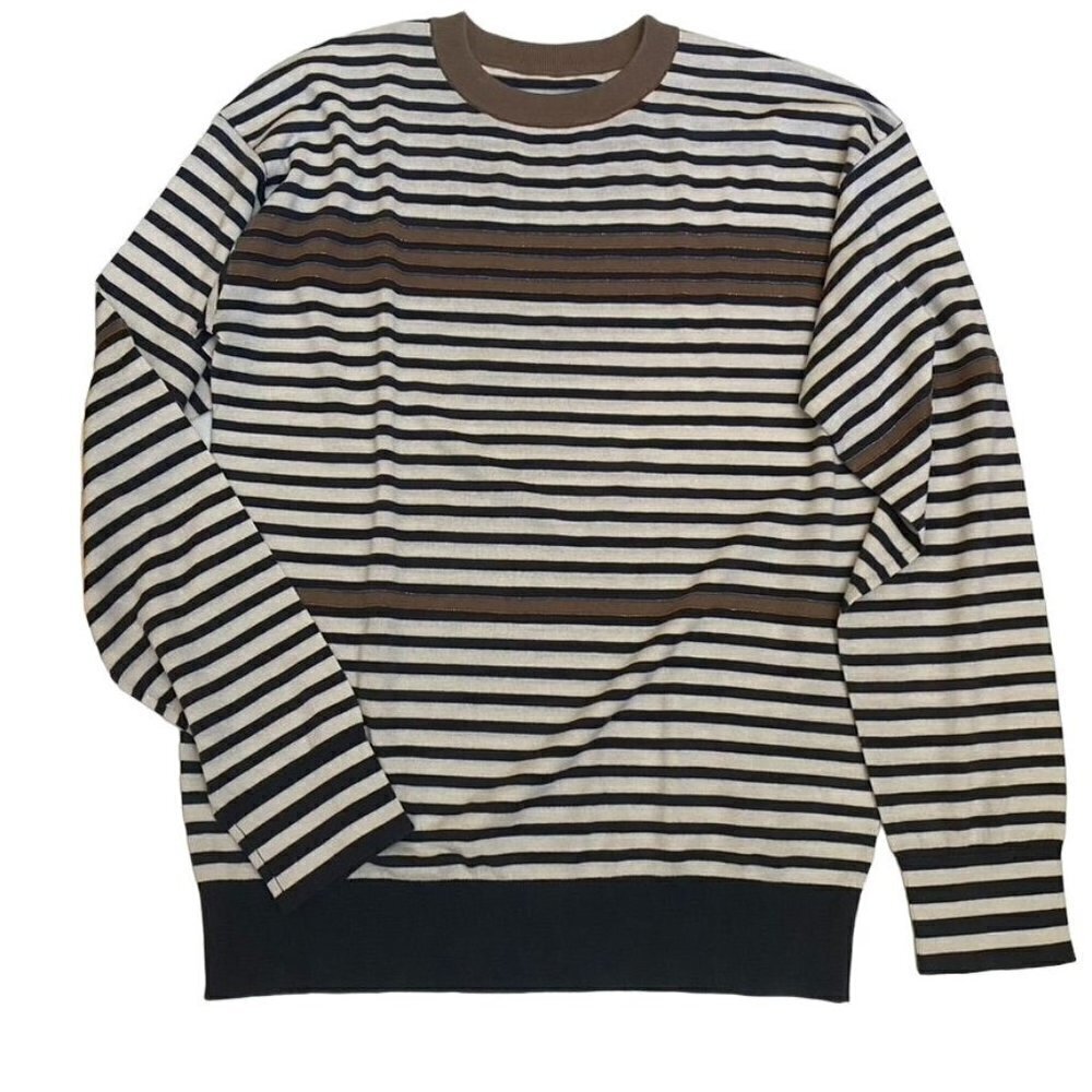 Silk Cashmere Sweater Stripe Beading Pullover Crew Neck Sz Med Cream Brown